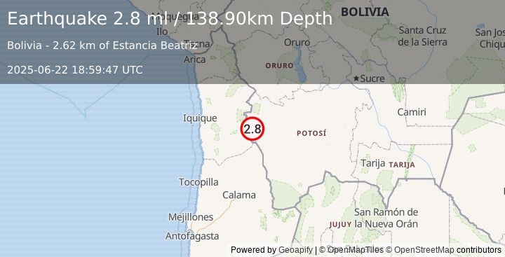 Earthquake POTOSI, BOLIVIA (2.8 ml) (2025-06-22 18:59:47 UTC)