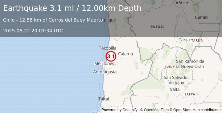 Earthquake ANTOFAGASTA, CHILE (3.1 ml) (2025-06-22 20:01:34 UTC)