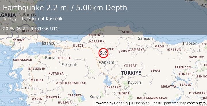 Earthquake CENTRAL TURKEY (2.2 ml) (2025-06-22 20:31:36 UTC)