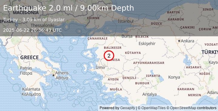 Earthquake WESTERN TURKEY (2.0 ml) (2025-06-22 20:36:43 UTC)