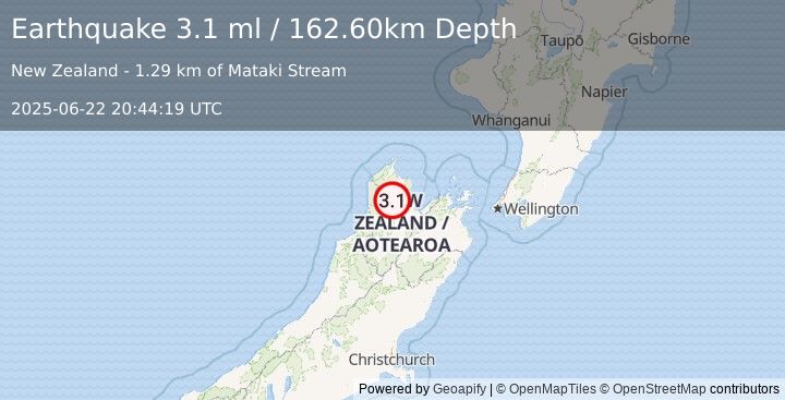 Earthquake SOUTH ISLAND OF NEW ZEALAND (3.1 ml) (2025-06-22 20:44:19 UTC)