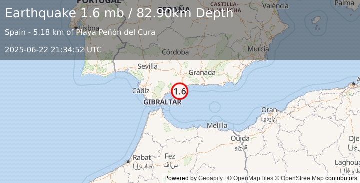 Earthquake STRAIT OF GIBRALTAR (1.6 mb) (2025-06-22 21:34:52 UTC)