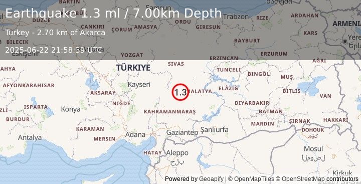 Earthquake CENTRAL TURKEY (1.3 ml) (2025-06-22 21:58:39 UTC)