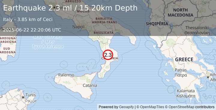 Earthquake SOUTHERN ITALY (2.3 ml) (2025-06-22 22:20:06 UTC)