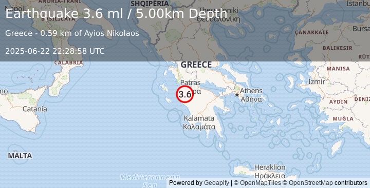Earthquake GREECE (3.6 ml) (2025-06-22 22:28:58 UTC)