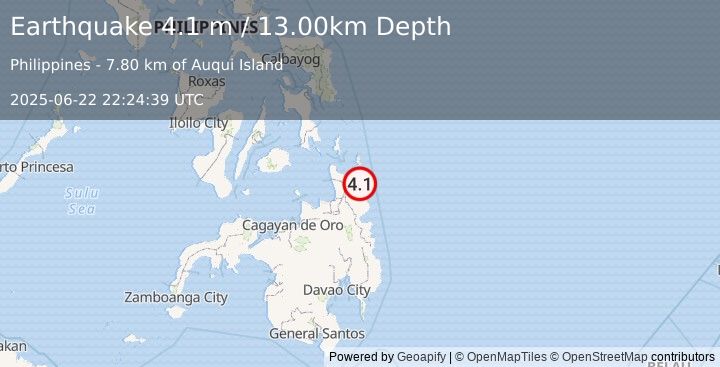 Earthquake MINDANAO, PHILIPPINES (4.1 m) (2025-06-22 22:24:39 UTC)