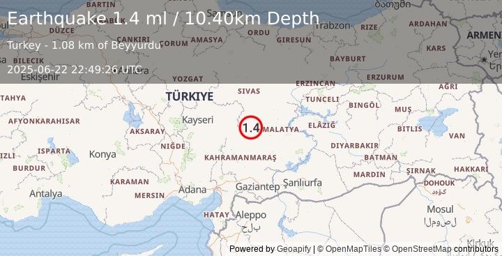 Earthquake CENTRAL TURKEY (1.4 ml) (2025-06-22 22:49:26 UTC)