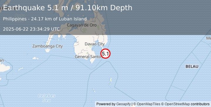Earthquake MINDANAO, PHILIPPINES (5.1 m) (2025-06-22 23:34:28 UTC)