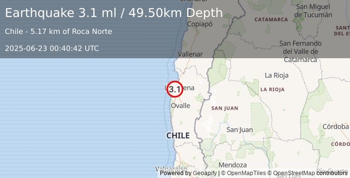 Earthquake OFFSHORE COQUIMBO, CHILE (3.1 ml) (2025-06-23 00:40:42 UTC)