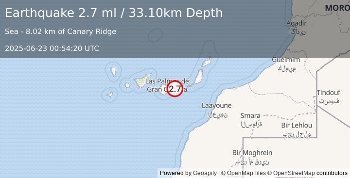 Earthquake CANARY ISLANDS, SPAIN REGION (2.7 ml) (2025-06-23 00:54:20 UTC)