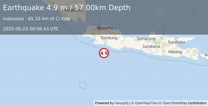 Earthquake JAVA, INDONESIA (5.0 mb) (2025-06-23 00:56:37 UTC)