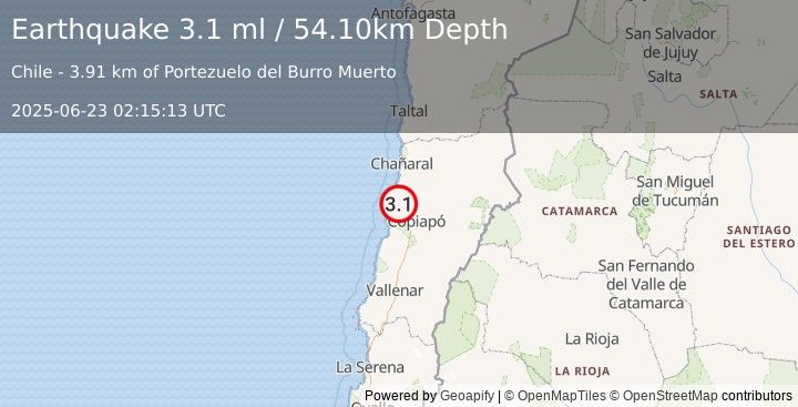 Earthquake ATACAMA, CHILE (3.0 ml) (2025-06-23 02:15:14 UTC)