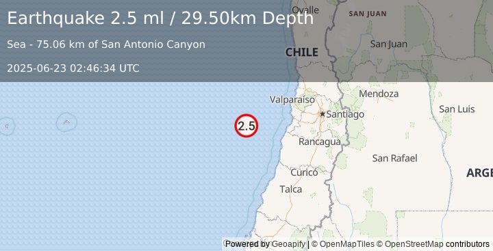 Earthquake OFF COAST OF VALPARAISO, CHILE (2.5 ml) (2025-06-23 02:46:34 UTC)