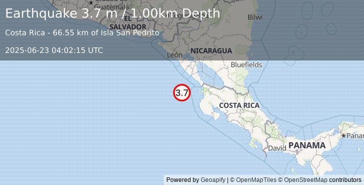 Earthquake OFF COAST OF COSTA RICA (3.7 m) (2025-06-23 04:02:15 UTC)