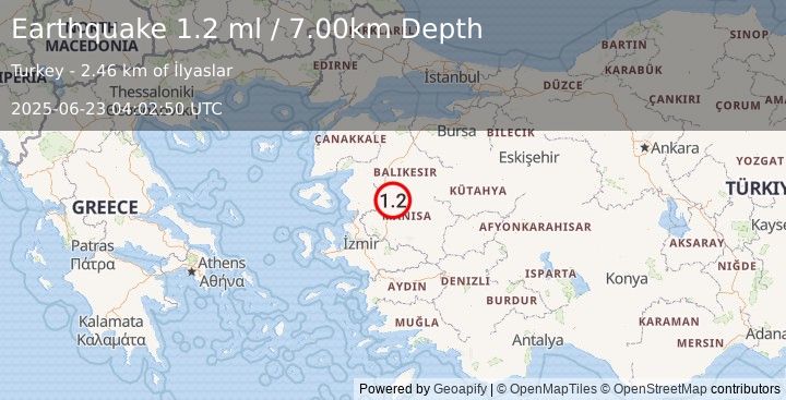 Earthquake WESTERN TURKEY (1.2 ml) (2025-06-23 04:02:50 UTC)