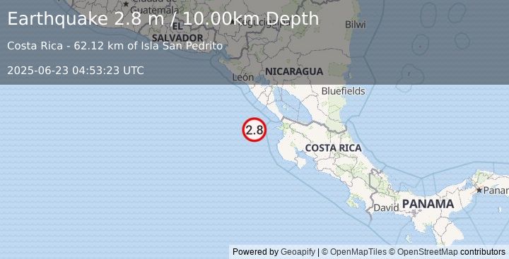 Earthquake OFF COAST OF COSTA RICA (2.8 m) (2025-06-23 04:53:23 UTC)