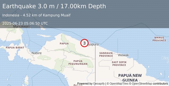 Earthquake NEAR N COAST OF PAPUA, INDONESIA (3.0 m) (2025-06-23 05:06:50 UTC)
