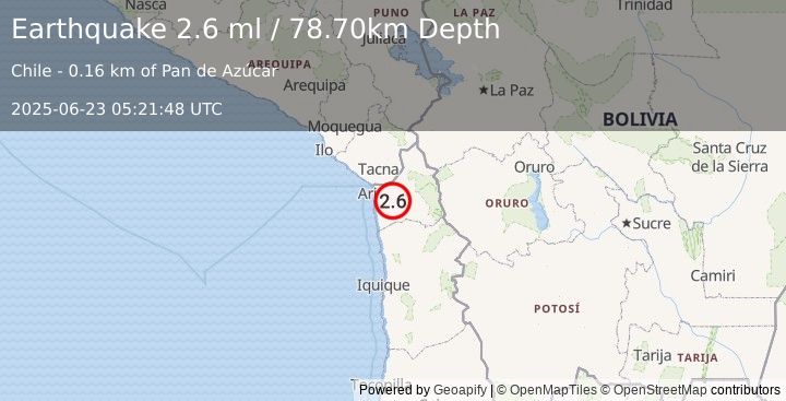 Earthquake TARAPACA, CHILE (2.6 ml) (2025-06-23 05:21:48 UTC)