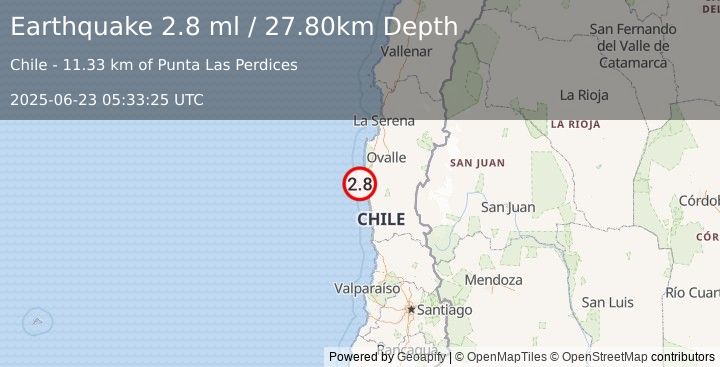 Earthquake OFFSHORE COQUIMBO, CHILE (2.8 ml) (2025-06-23 05:33:25 UTC)