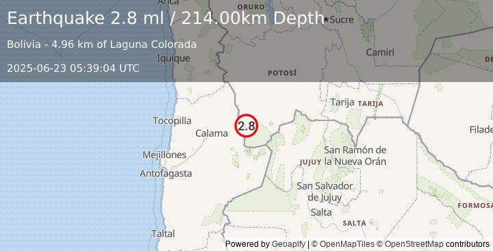 Earthquake POTOSI, BOLIVIA (2.8 ml) (2025-06-23 05:39:04 UTC)