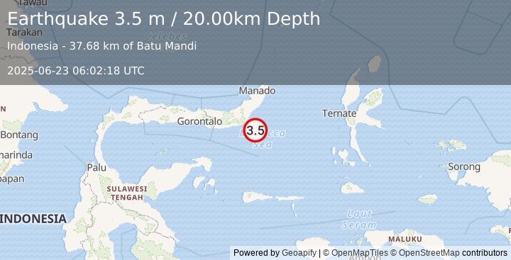Earthquake MINAHASA, SULAWESI, INDONESIA (3.5 m) (2025-06-23 06:02:18 UTC)