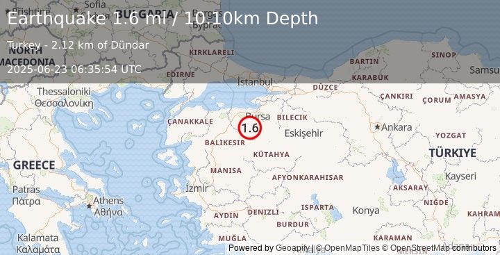Earthquake WESTERN TURKEY (1.6 ml) (2025-06-23 06:35:54 UTC)