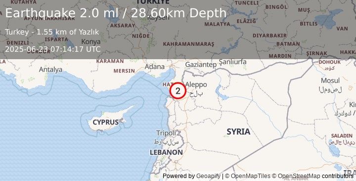 Earthquake TURKEY-SYRIA BORDER REGION (2.1 ml) (2025-06-23 07:14:21 UTC)