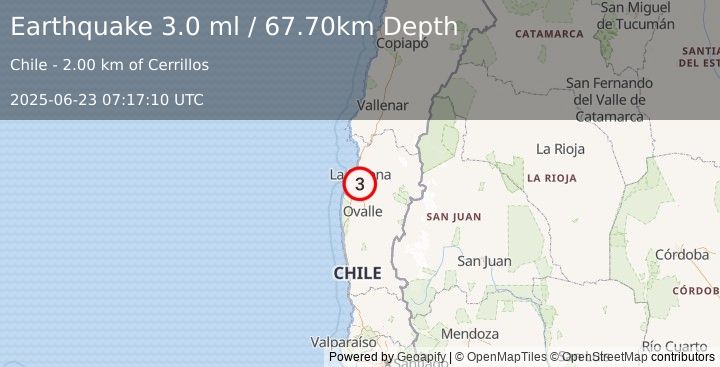Earthquake COQUIMBO, CHILE (3.0 ml) (2025-06-23 07:17:10 UTC)
