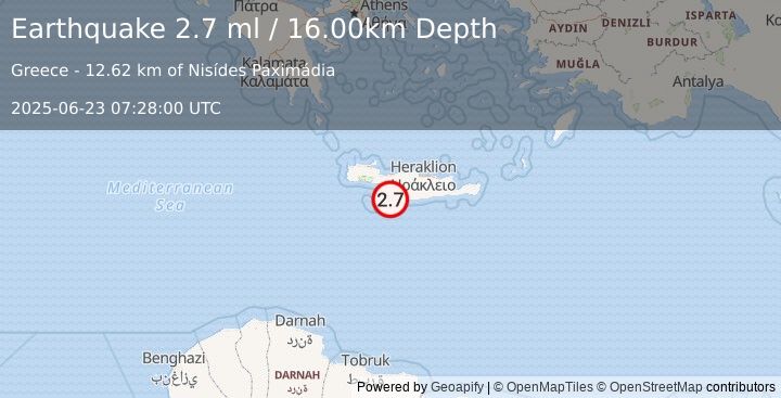 Earthquake CRETE, GREECE (2.7 ml) (2025-06-23 07:28:00 UTC)
