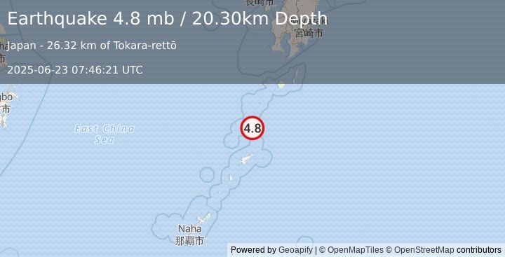 Earthquake RYUKYU ISLANDS, JAPAN (4.8 mb) (2025-06-23 07:46:21 UTC)