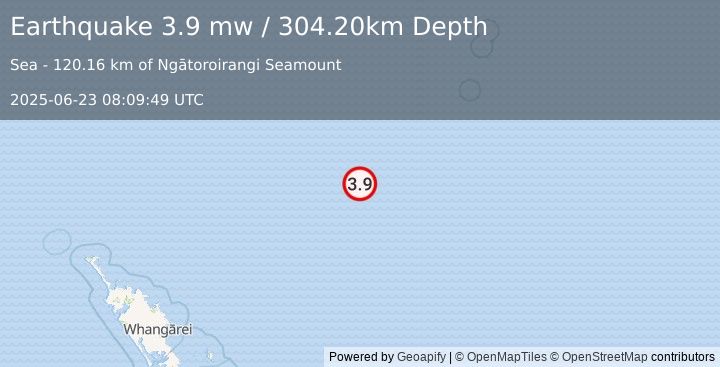 Earthquake SOUTH OF KERMADEC ISLANDS (3.9 mw) (2025-06-23 08:09:49 UTC)