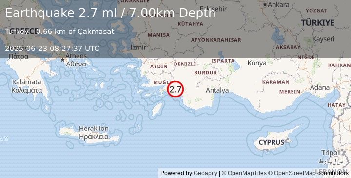Earthquake DODECANESE IS.-TURKEY BORDER REG (2.7 ml) (2025-06-23 08:27:37 UTC)