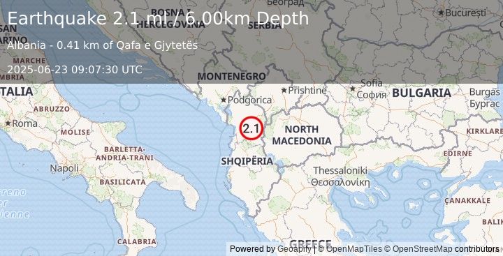 Earthquake ALBANIA (2.1 ml) (2025-06-23 09:07:30 UTC)