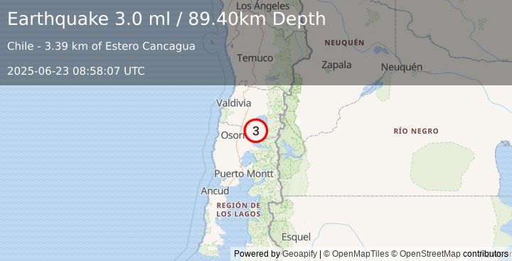 Earthquake LOS LAGOS, CHILE (3.0 ml) (2025-06-23 08:58:07 UTC)