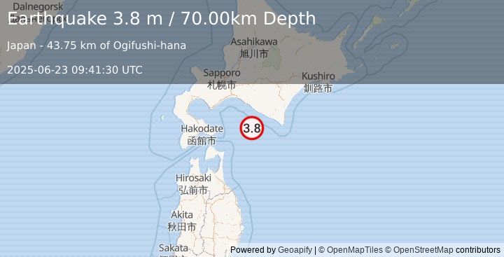 Earthquake HOKKAIDO, JAPAN REGION (3.8 m) (2025-06-23 09:41:30 UTC)