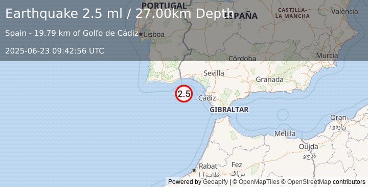 Earthquake STRAIT OF GIBRALTAR (2.5 ml) (2025-06-23 09:42:56 UTC)