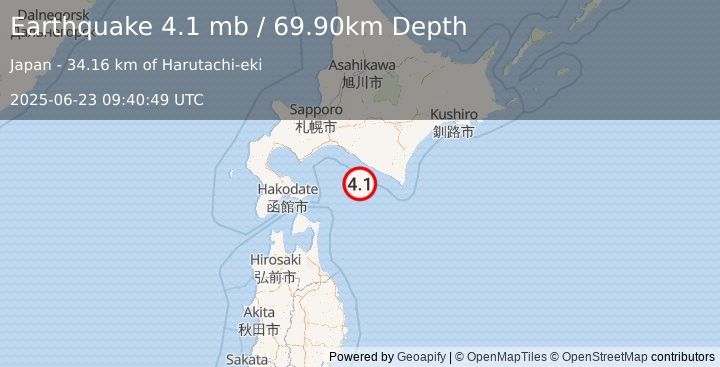 Earthquake HOKKAIDO, JAPAN REGION (4.1 mb) (2025-06-23 09:40:49 UTC)