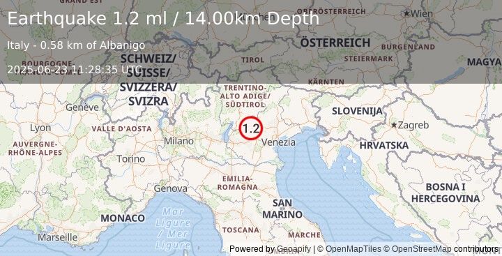 Earthquake NORTHERN ITALY (1.2 ml) (2025-06-23 11:28:35 UTC)