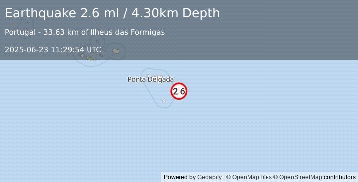 Earthquake AZORES ISLANDS REGION (2.6 ml) (2025-06-23 11:29:54 UTC)