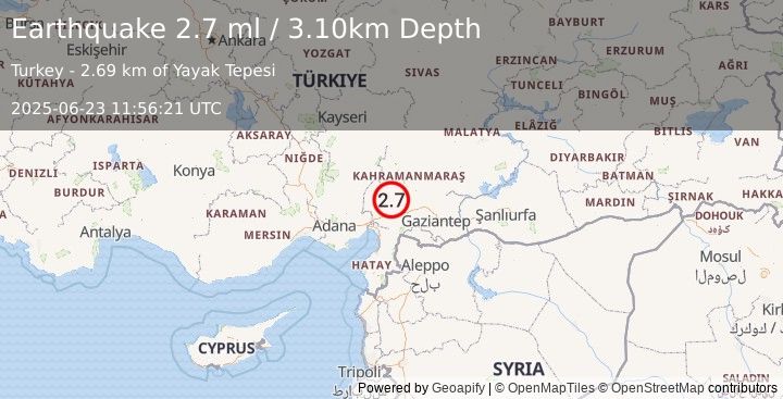 Earthquake CENTRAL TURKEY (2.7 ml) (2025-06-23 11:56:21 UTC)
