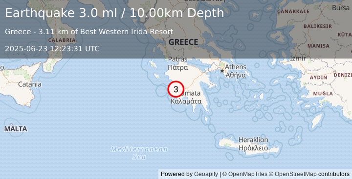 Earthquake SOUTHERN GREECE (3.0 ml) (2025-06-23 12:23:30 UTC)