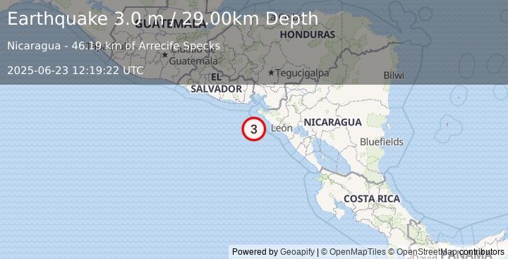 Earthquake NEAR COAST OF NICARAGUA (3.0 m) (2025-06-23 12:19:22 UTC)