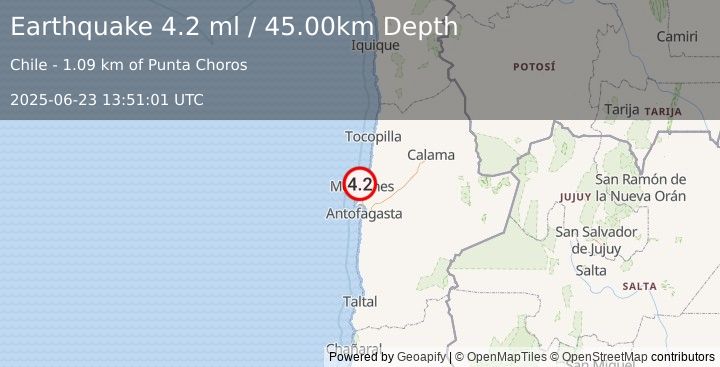 Earthquake OFFSHORE ANTOFAGASTA, CHILE (4.0 ml) (2025-06-23 13:50:59 UTC)
