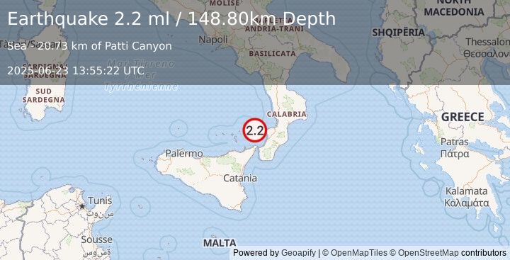 Earthquake SICILY, ITALY (2.2 ml) (2025-06-23 13:55:22 UTC)