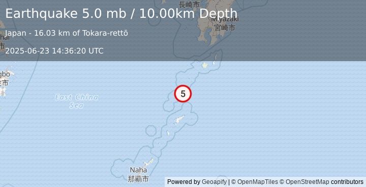 Earthquake RYUKYU ISLANDS, JAPAN (5.0 mb) (2025-06-23 14:36:22 UTC)
