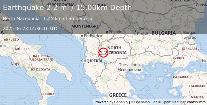 Earthquake REPUBLIC OF NORTH MACEDONIA (2.2 ml) (2025-06-23 14:36:16 UTC)