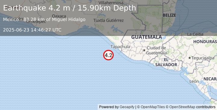 Earthquake OFFSHORE CHIAPAS, MEXICO (4.2 m) (2025-06-23 14:46:27 UTC)
