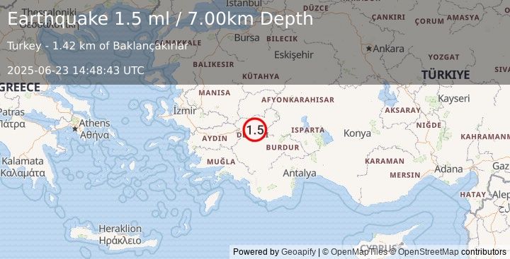 Earthquake WESTERN TURKEY (1.5 ml) (2025-06-23 14:48:43 UTC)