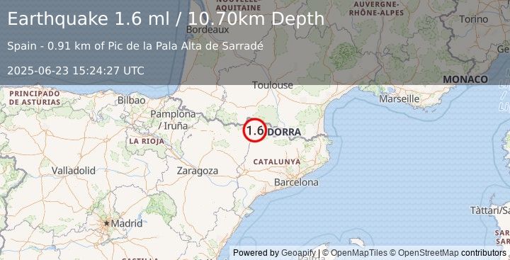 Earthquake PYRENEES (1.6 ml) (2025-06-23 15:24:27 UTC)