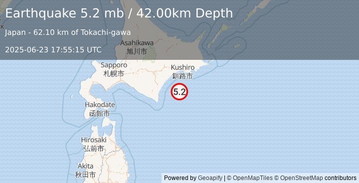 Earthquake HOKKAIDO, JAPAN REGION (5.2 mb) (2025-06-23 17:55:12 UTC)